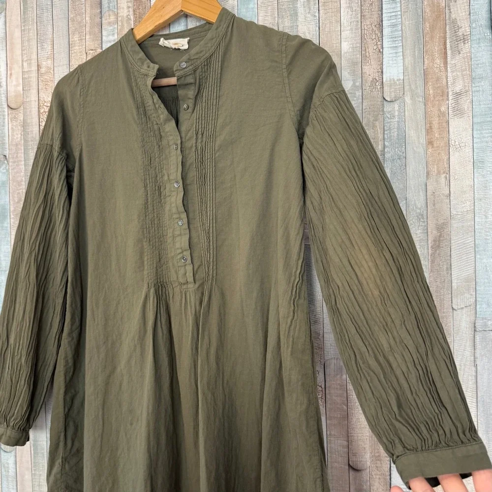 Nili Lotan XS Olive 100% Cotton Pleated Pintucked Tunic Mini Dress Boho Made USA
